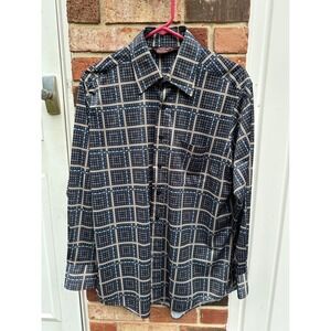 Vtg Kingsport Men's Navy Blue Geometric Grid Button Down Shirt L 16-16.5 #0058